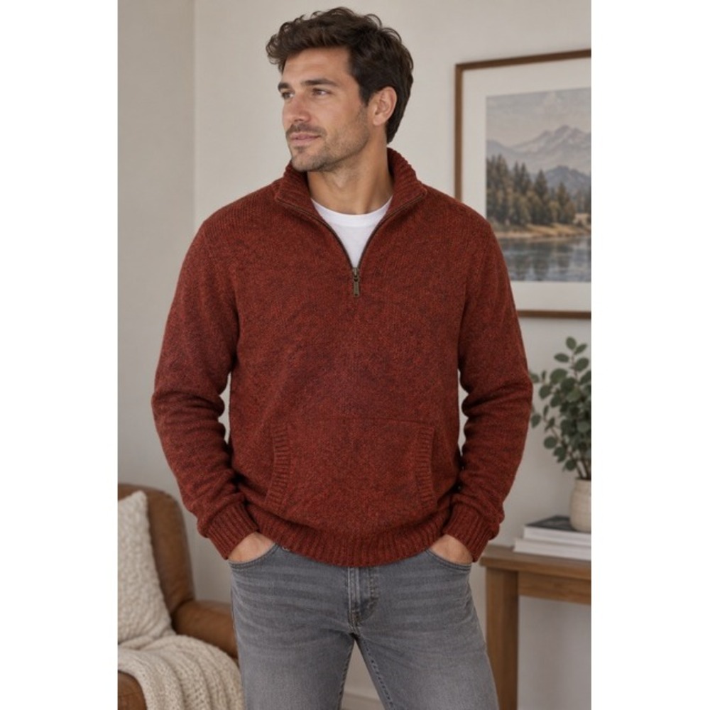 Vintage LL Bean Mens Lambswool Quarter Zip Sweater Rust Orange Pullover
